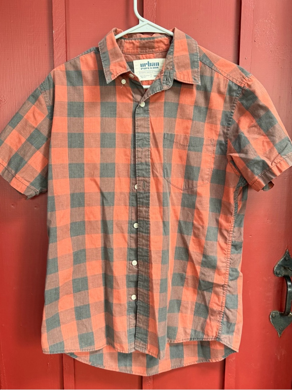 urban pipeline Orange and Gray Checked Short Sleeve Button-Down Shirt
